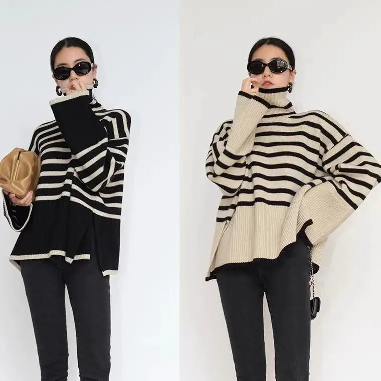 One Size Striped High Neck Sweater for Women's New Autumn Loose Design Sense Knitted Shirt Color Matching Pullover Sweater
