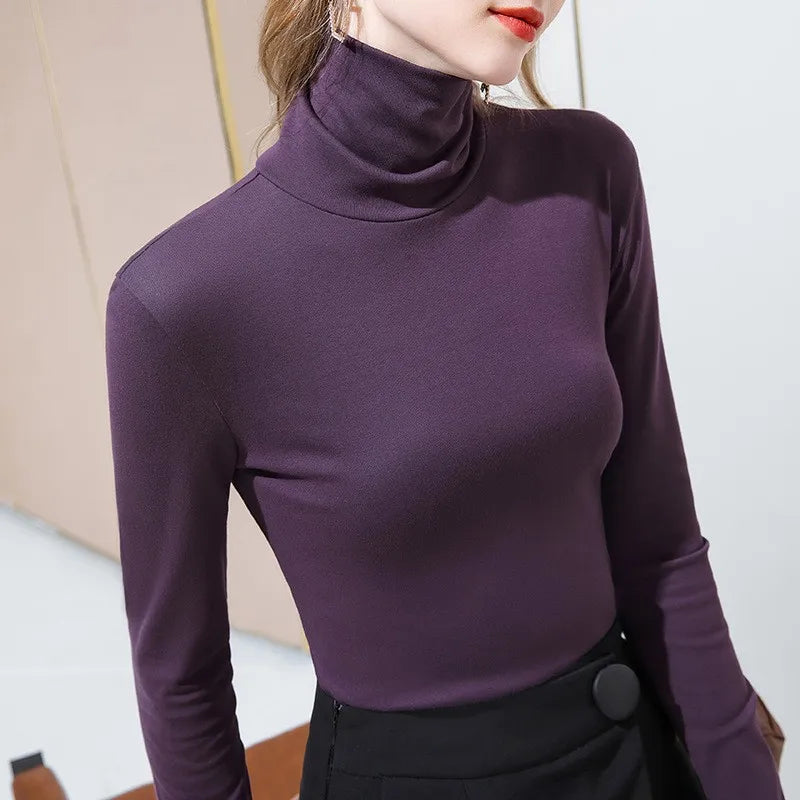 Cotton Base Simple T Shirts Women Turtleneck Long Sleeve T-shirts Tees Girls Solid Slim Undershirts Tops Femme Clothing