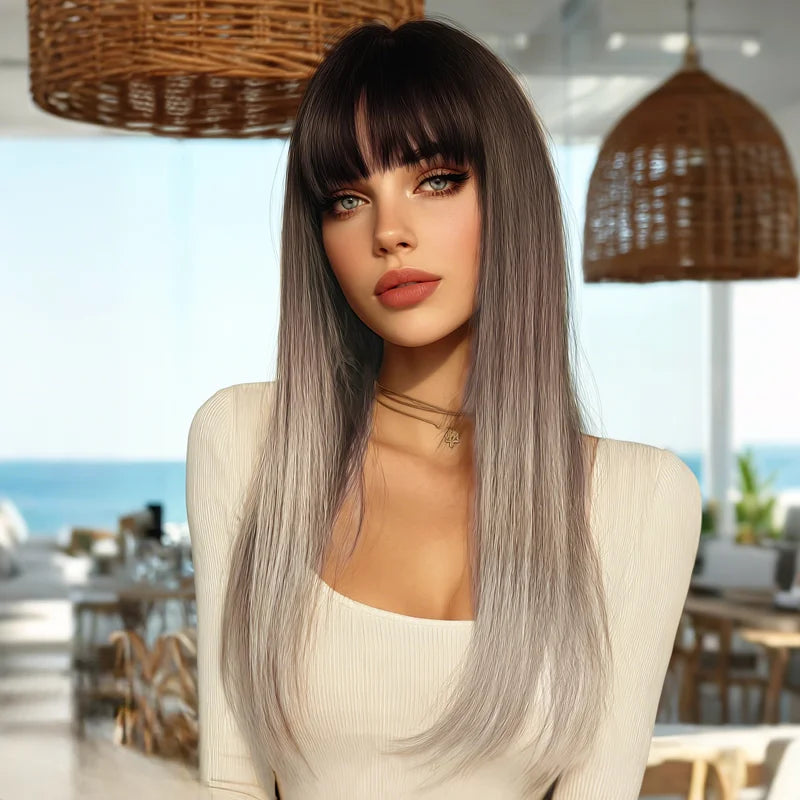 2026 SMILCO European and American Fashion Wigs Women Gray Gradient Straight Hair Wigs Synthetic Lace Front Brown Wig SM360