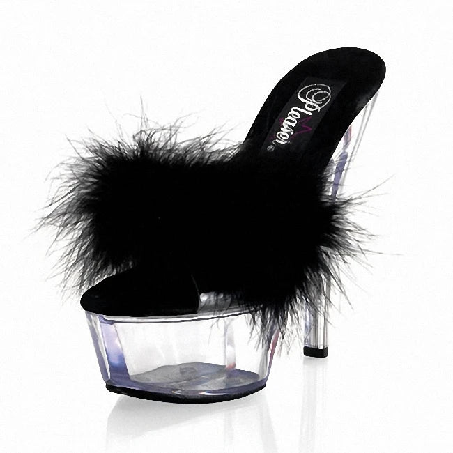 6 Inch Super High Heeled Shoes Clear Lace Sexy Fetish Outer Wear 15cm Models Party Cross Dressing Platform Feather Slippers