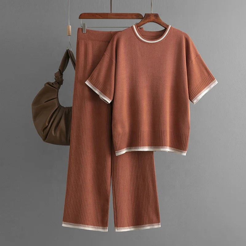 Fashion Women's Loose Sweater Top High Waist Thin Wide Leg Pants Two-piece Set Womens Cotton Knit Pant Sets