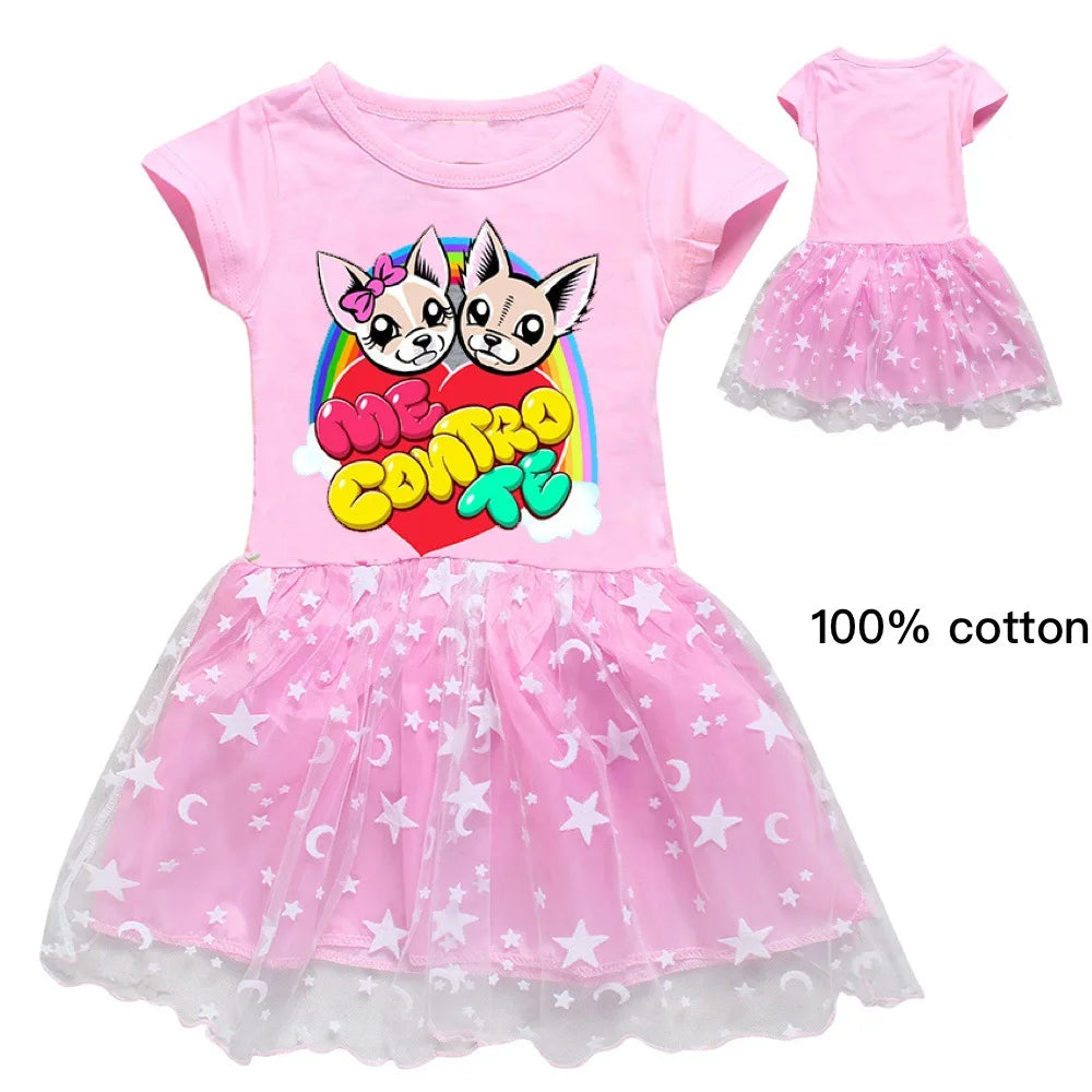 Fashion Me Contro Te Kids Clothes Knee-Length Dresses Cute Cotton Gauze Full Dress Teenagers Cartoon Baby Girls Party Clothing