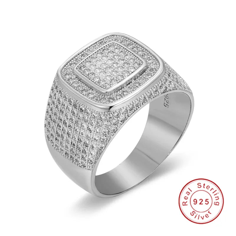 Luxury Hip Hop Micro Pave sona Diamond Stones All Iced Out Bling Ring Big 925 Sterling silver Rings for Men Jewelry gift