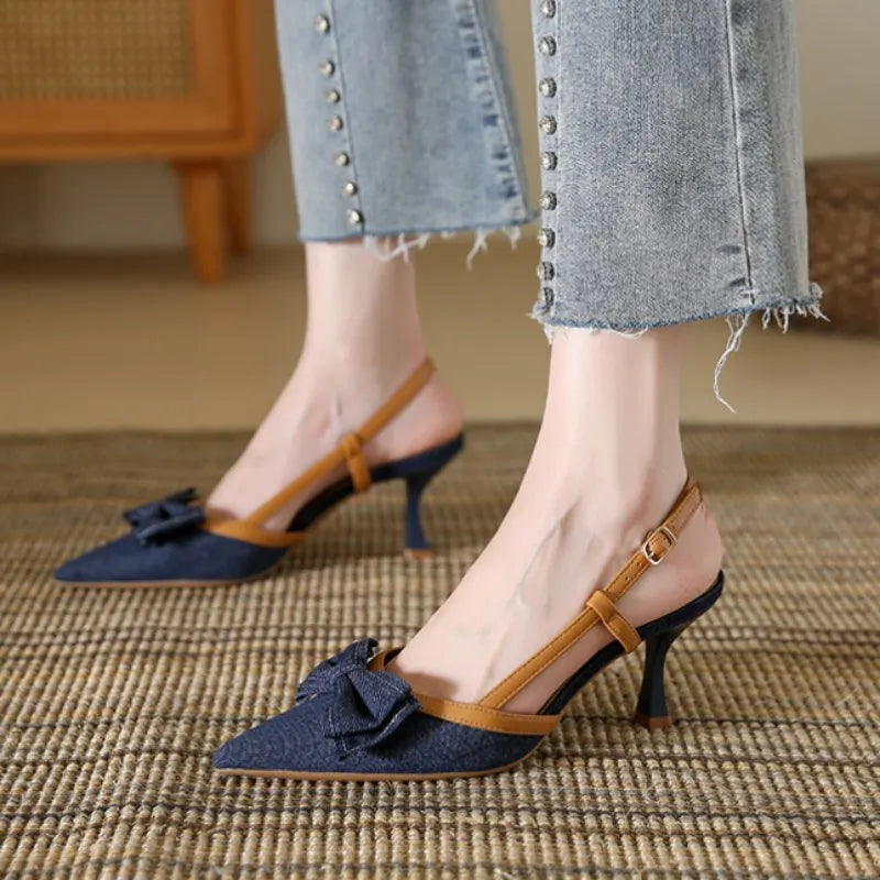 Korean Style Zapatos Luxury 2025 Slingback Fashion Shoes Pointed Heels Women's Pumps Para Damas Bow Thin Heels D'orsay Pumps PU