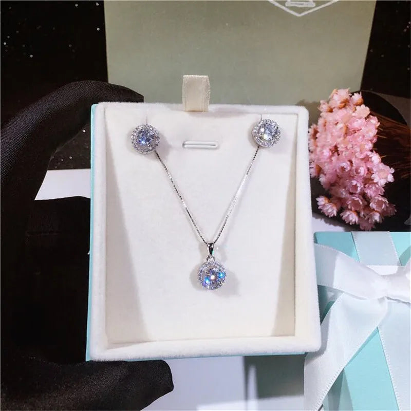 Jewelry Sets For Women 925 Silver Needle Necklaces Pendant Stud Earrings Zirconia Bridal Wedding Engagement Accessory CCAS229