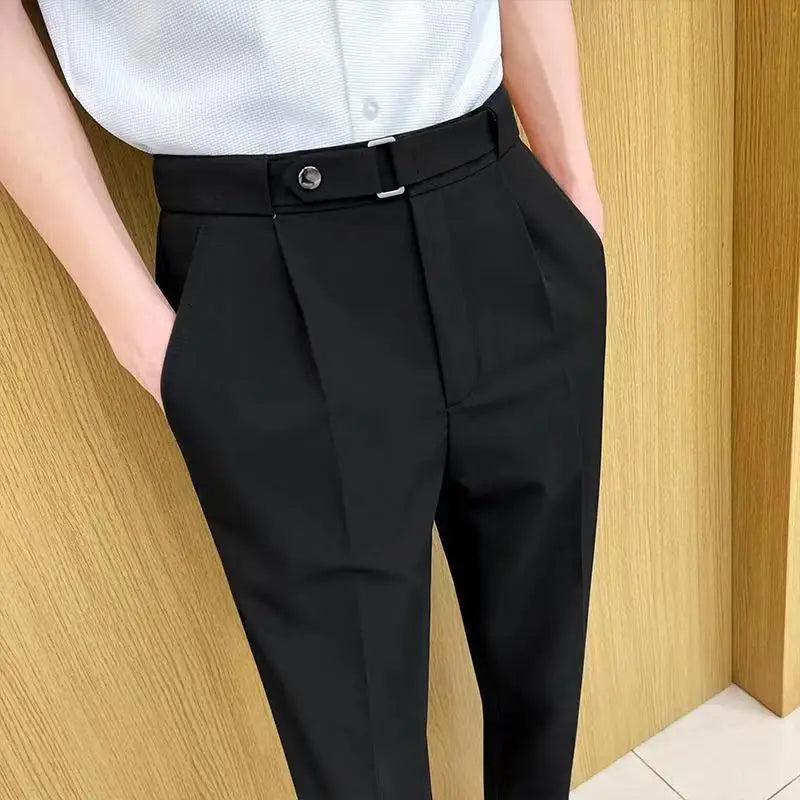 Men Casual Suit Pants Business Pockets Outdoor Button Zipper Casual Slim Suit Trousers British Style Long Pencil Cropped Pants