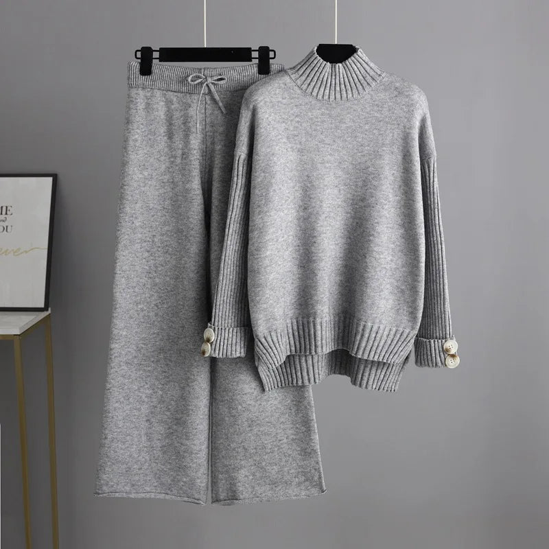 Boutique Wholesale 2026 Autumn Knitted Half High Neck Sweater Thickened Loose Leisure Pants Women's Set