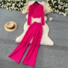 Fashion Sweater Set Women's Loose Casual Retro Lapel Short Long-sleeved Sweater Women's High-waisted Wide-leg Pants