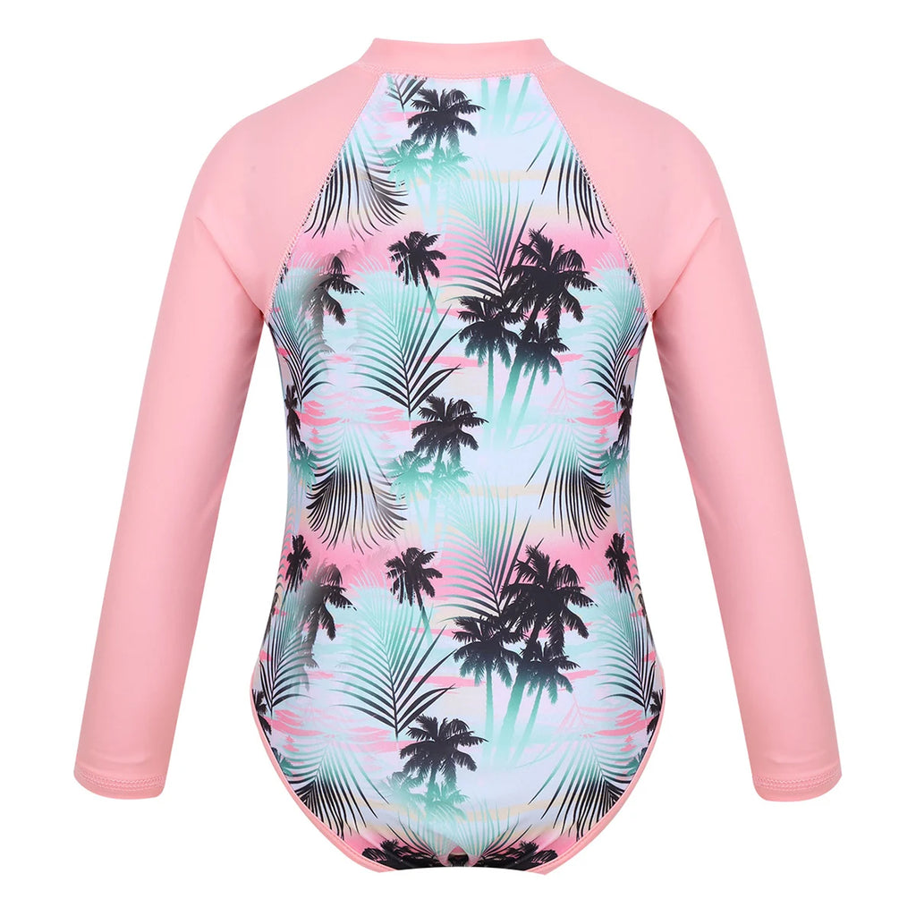 Kids Girls One-piece Swimsuit Long Sleeves Palm Printed Swimwear  Bathing Suit Sun Protection Rash Guard Surfing Diving Swim Top