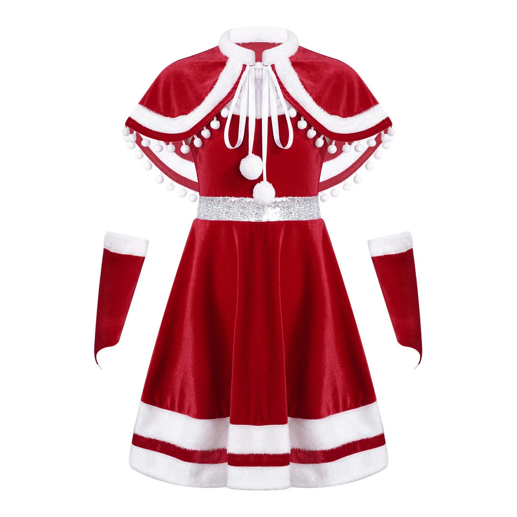 Kids Girls Christmas Dress with Cloak Arm Sleeves 3Pcs Set Santa Claus Red Velvet Tutu Dress Party Princess Dresses 4-14Y