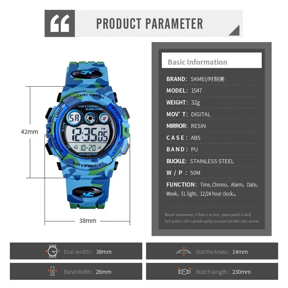 SKMEI Children LED Electronic Digital Watch Stop Watch Clock 2 Time Kids Sport Watches 50M Waterproof Wristwatch For Boys Girls