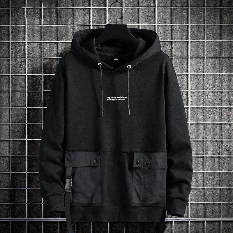 Black Mens Hooded Long Sleeve Pullover Cargo Pocket Streetwear