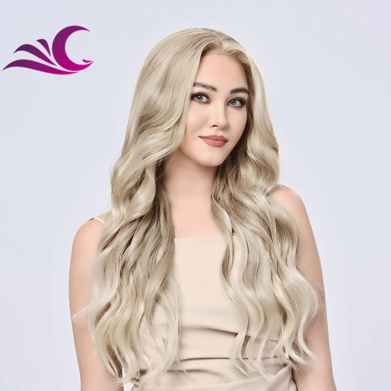 Highlight Mix Ice Blonde Ombre Colorful Middle Part Wig Long Wavy Pre-Plucked Synthetic Lace Front Wig
