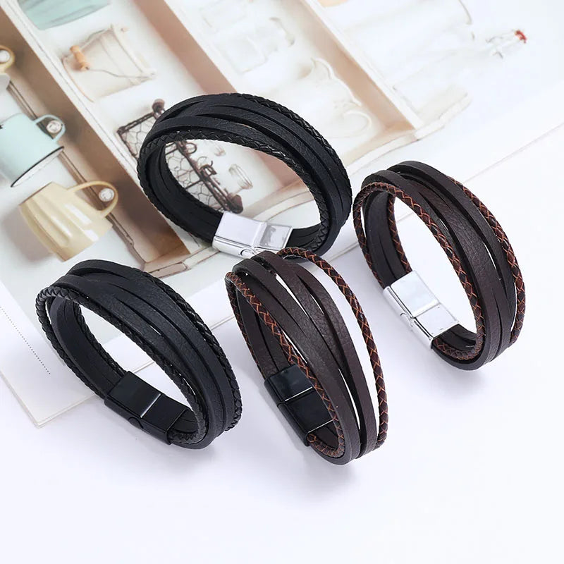 Genuine Leather Bracelet for Men Simple OL Style Man Bracelet Bangle Alloy Magnetic Clasp Wristband Hand Jewelry Bracelet Homme