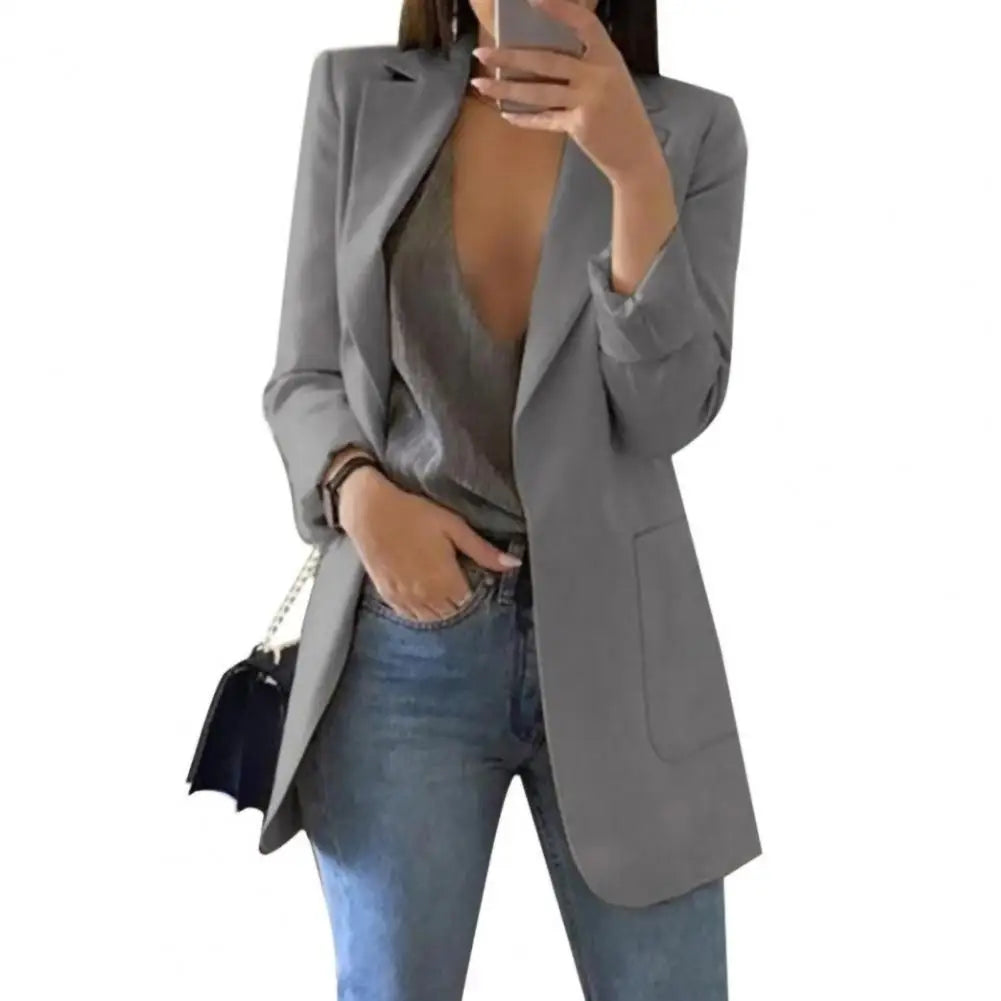 Summer Women Jacket Lapel All match Open Front Stylish Office Lady Slim Suit Overcoat Solid Color Long Blazer