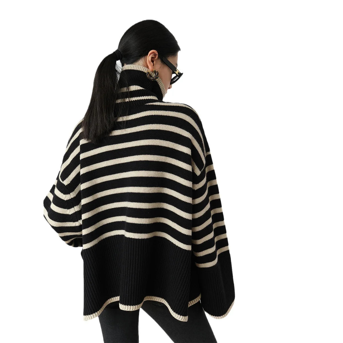 One Size Striped High Neck Sweater for Women's New Autumn Loose Design Sense Knitted Shirt Color Matching Pullover Sweater