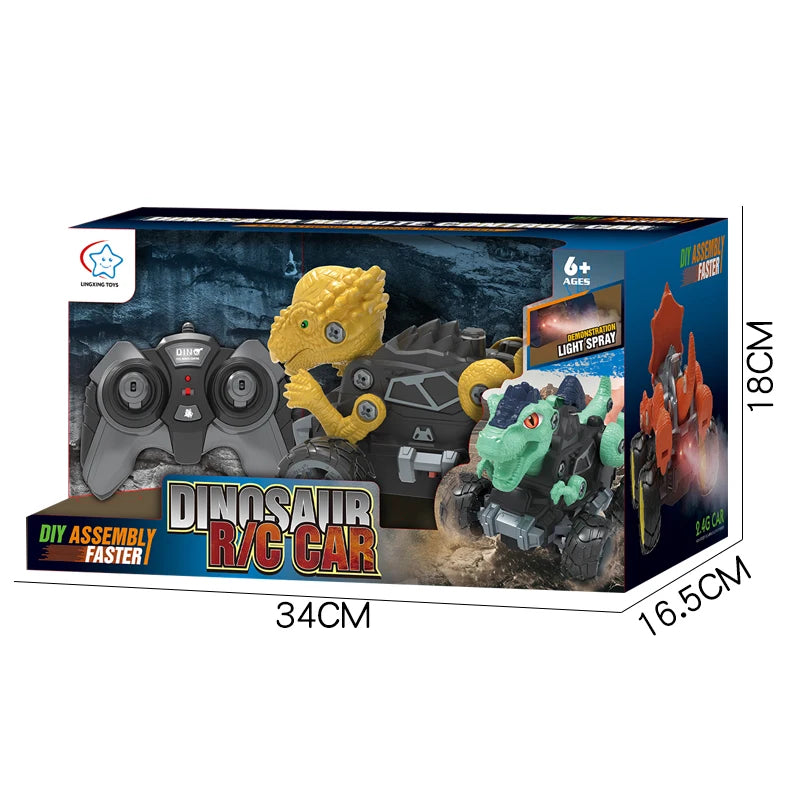 2.4Ghz Remote Control 4WD Dinosaur Spraying Vehicle Disassembly Assembly Toys Flashing Light RC Car Models for Kid Adult