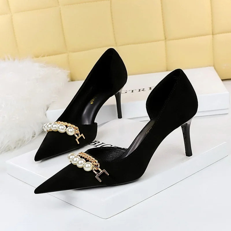 Banquet Pumps 2023 Chaussure Femme Pointed Toe Pearl Chain Shoes Women's Stiletto Heels for Ladies
