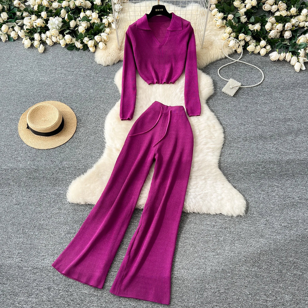 Fashion Sweater Set Women's Loose Casual Retro Lapel Short Long-sleeved Sweater Women's High-waisted Wide-leg Pants
