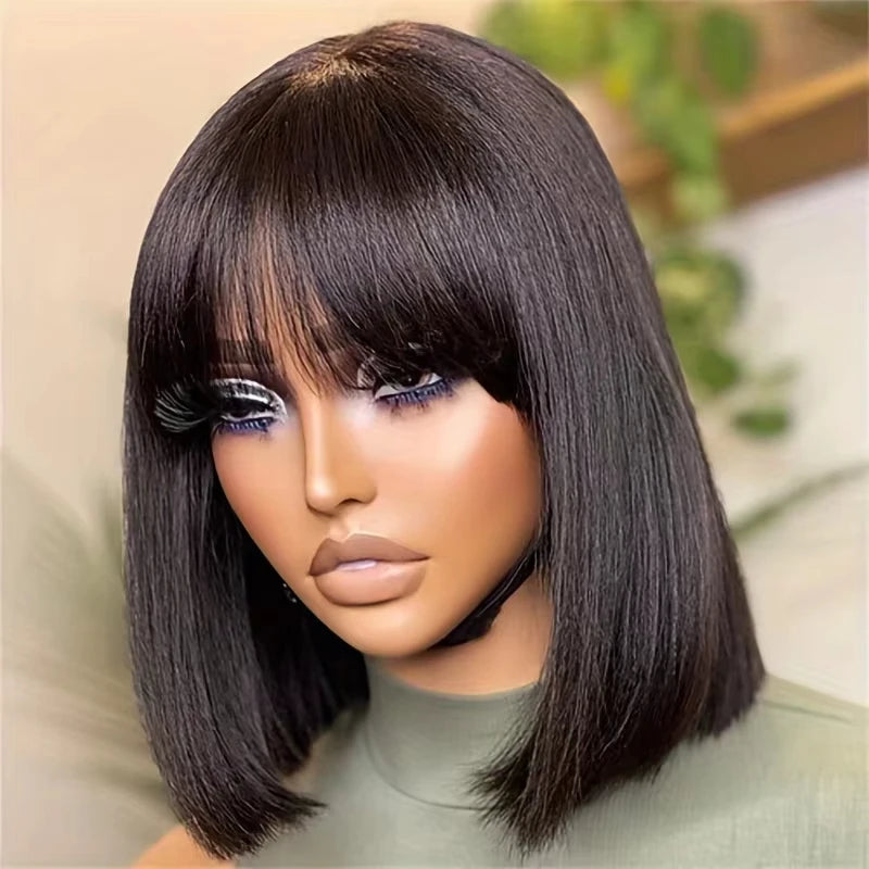 3X1 Full & Short Bob Wig Glueless Brazilian Human Hair Machine Made Bone Straight with Bangs for Women