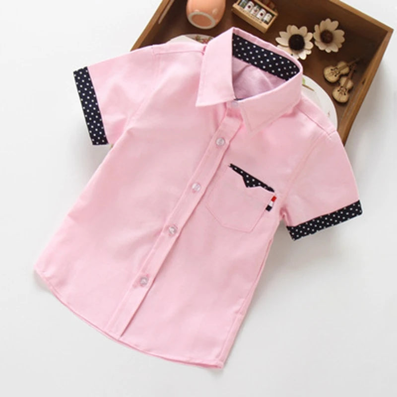 School Boys Shirts Short Sleeve Blouses For Boys Children Clothing Cotton Turn-Down Collar Kids Tops 5 7 9 11 13 15 Years Old