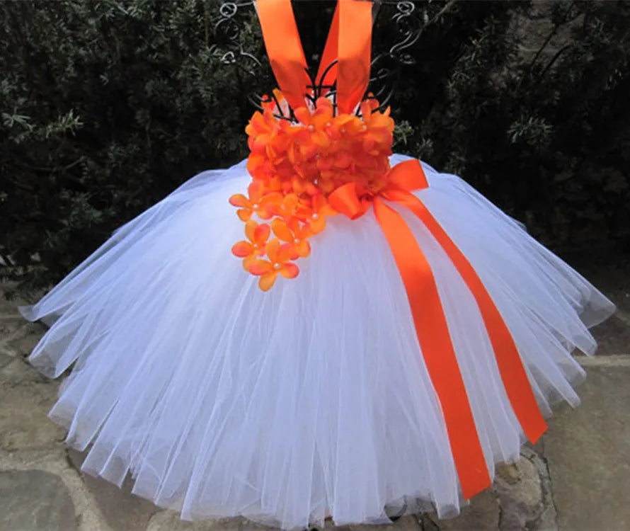 Girls White Tutu Dress Kids Tulle Dress with Red Petals Flower and Ribbon Bow Children Birthday Bridal Wedding Costume Dresses