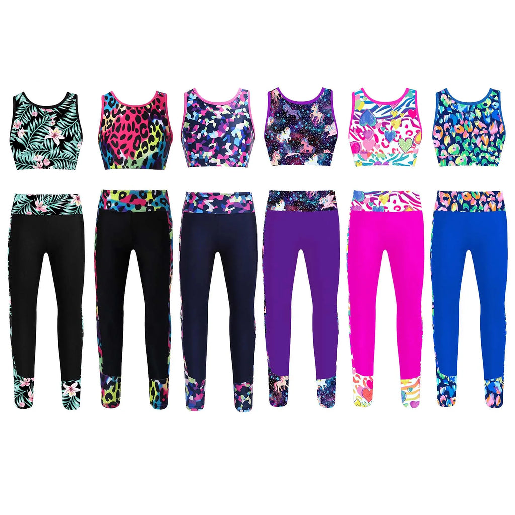 Kids Girls Gymnastics Sportswear Outfits Sleeveless Racer Back Tank Crop Top with Leggings Ballet Dance Workout Yoga Tracksuit
