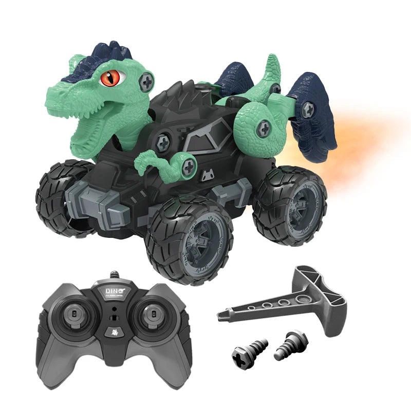 2.4Ghz Remote Control 4WD Dinosaur Spraying Vehicle Disassembly Assembly Toys Flashing Light RC Car Models for Kid Adult