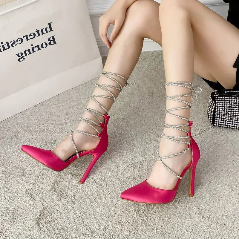 Sandalias De Damas Fancy Closed Toe Designer Strappy Lace up High Heels Shoes with Straps