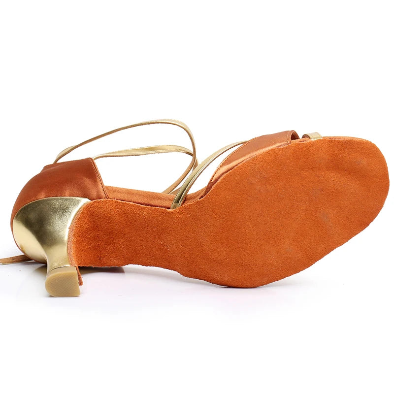 Deep Tan Satin  Classic Design Open Toe  Professional Latin Dance Heels Women Salsa Shoes