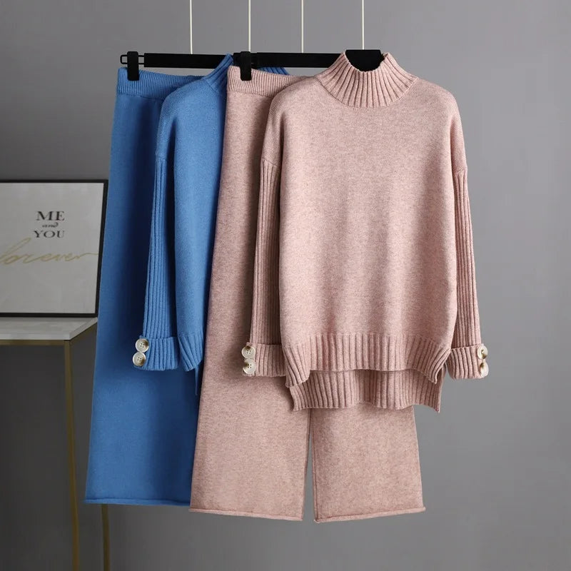 Boutique Wholesale 2026 Autumn Knitted Half High Neck Sweater Thickened Loose Leisure Pants Women's Set