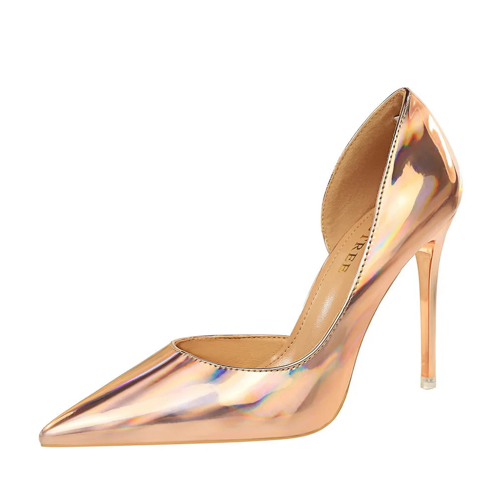 18188-2 BIGTREE Metal Feeling 9.5 CM Stiletto Heel Single Shoes Shallow Mouth Pointed Toes Women's Shoes Sexy  High Heels