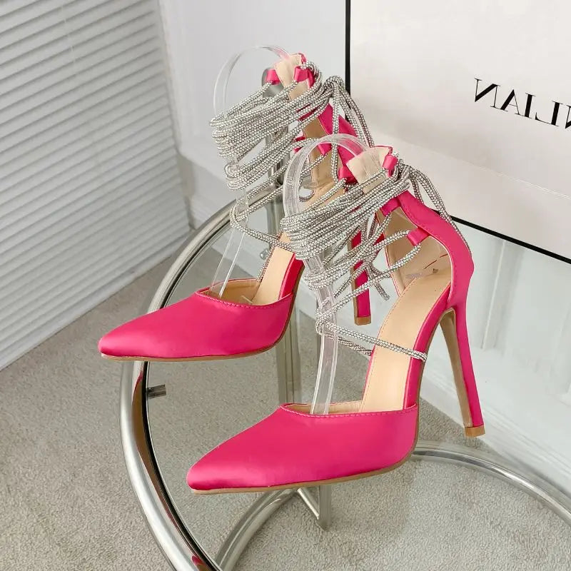 Sandalias De Damas Fancy Closed Toe Designer Strappy Lace up High Heels Shoes with Straps