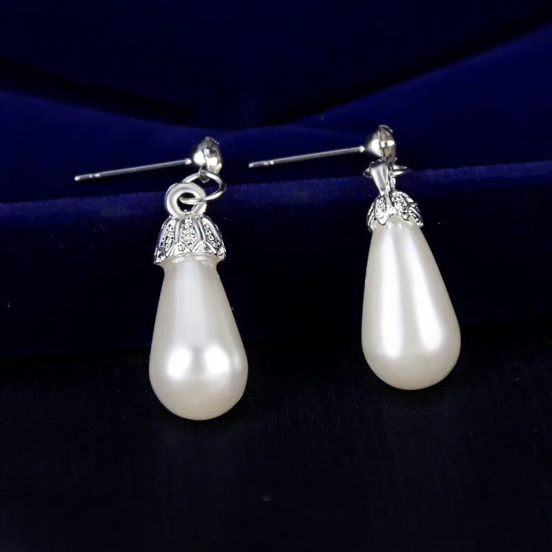 Pearl Jewelry Set for Women Water Drop Dangle Earrings Crystal Pendants Imitation Pearl Beads Necklaces Femme Brincos E Colares