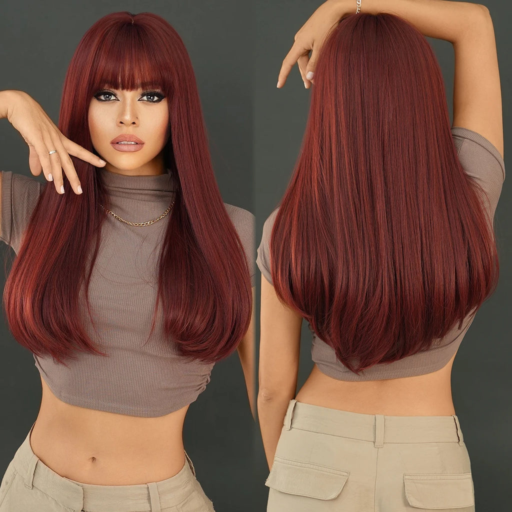 Burgundy Wine Red Wigs for Women Long Straight Wig with Bangs Natural Fashion Soft Cabello Natural Peluca