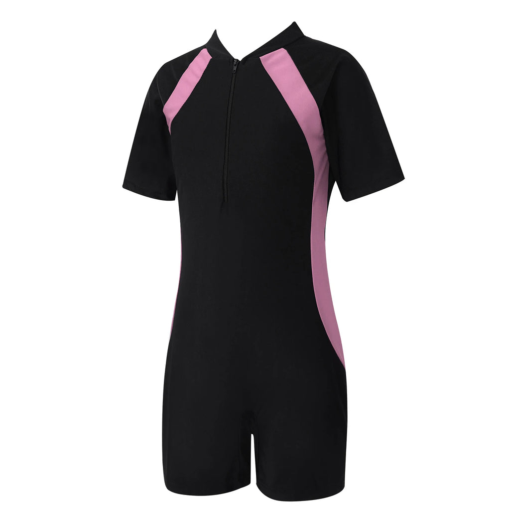 Children One-piece Swimwear Stand Collar Short Sleeves Color Swimming Bathing Suiti Short Rash Guard Jumpsuit Cool Kids Swimsuit