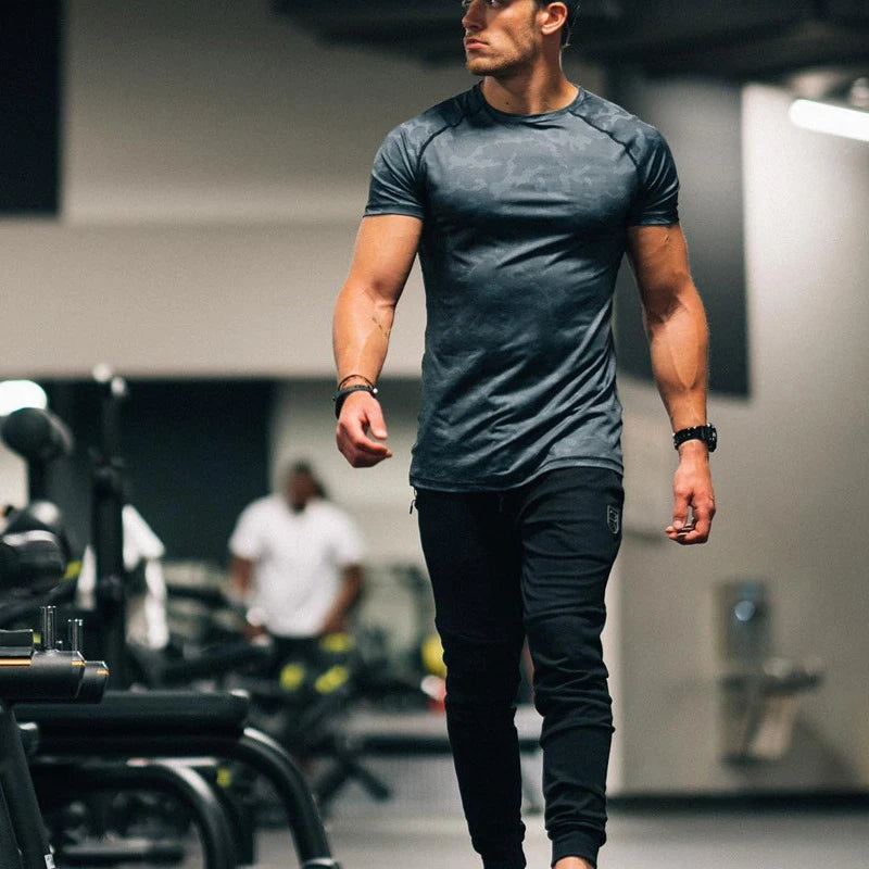 Men Camouflage Tee Shirts Polyester Gym Clothing Sports Training Tops Workout Active Wear Fitness T Shirts