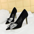Fashion Banquet High Heels Slim Heel Suede Shallow Mouth Pointed Rhinestone Bow Tie Single Shoes Women's Shoes