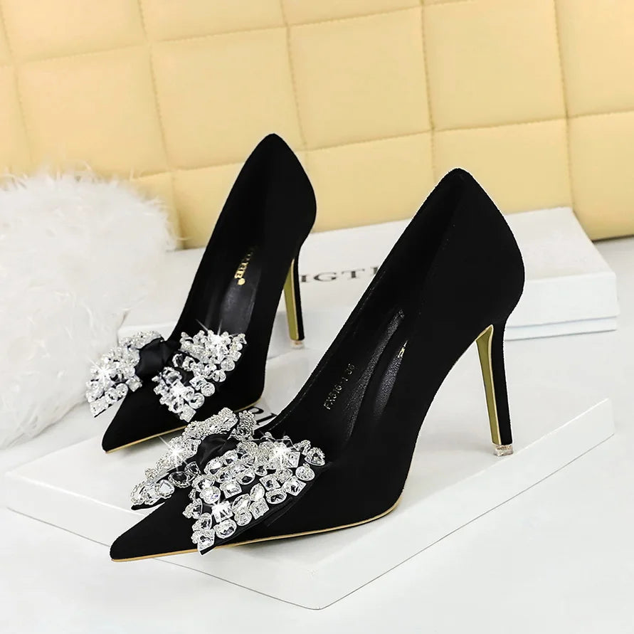 Fashion Banquet High Heels Slim Heel Suede Shallow Mouth Pointed Rhinestone Bow Tie Single Shoes Women's Shoes