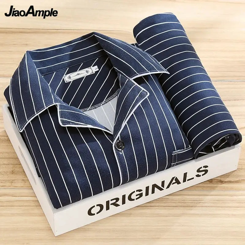 100% High-end Pajamas Men's Spring Autumn Striped Long-sleeved Trousers Pijamas Two-piece 2025 New Loose Nightwear Homewear Set