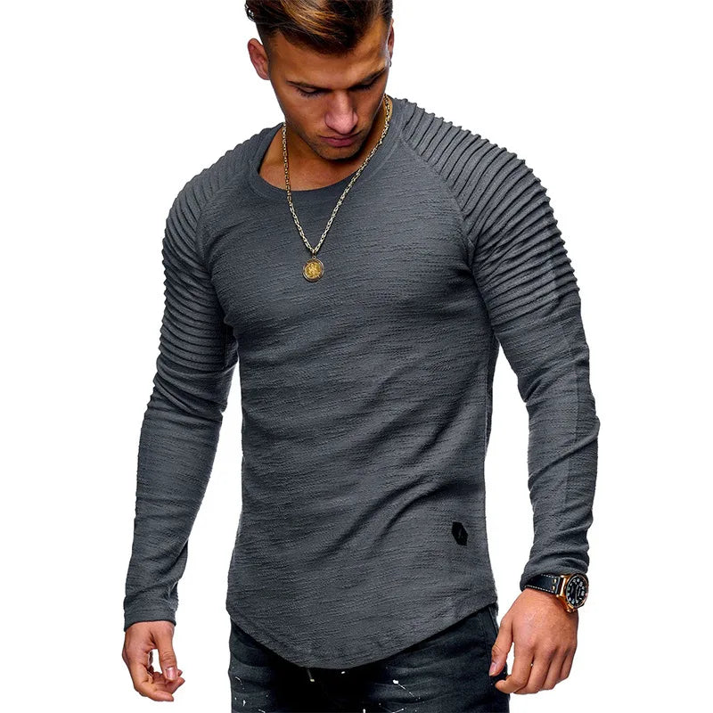 Pleated Long Sleeves Crew Neck Compression Slim Fitted Shirts Quick Dry Custom Men Gym Muscle Training Fitness T Shirt With Logo