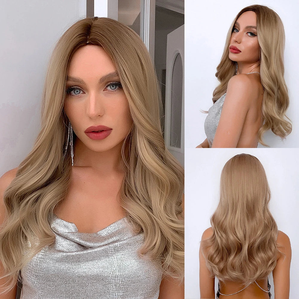 26inch Synthetic Fiber Wig Factory Natural Wavy Blonde with White Highlights Ombre Water Wave Wig with Elastic Cap Real Photo