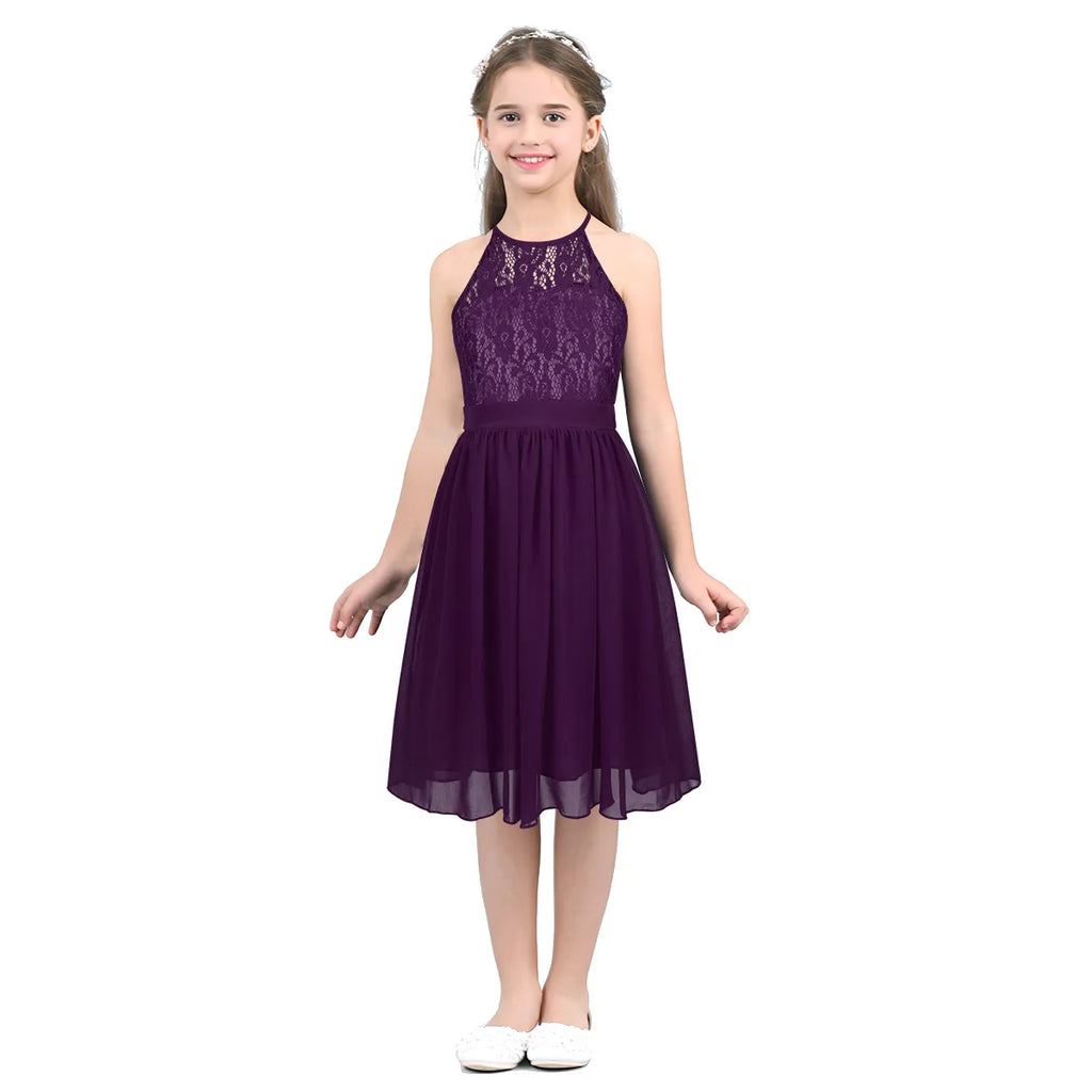 Kid Flower Girls Dress for Birthday Wedding Evening Children Halter Neck Lace Chiffon Princess Formal Party Kids Dress For Girls