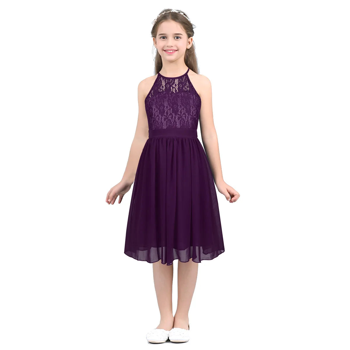 Kid Flower Girls Dress for Birthday Wedding Evening Children Halter Neck Lace Chiffon Princess Formal Party Kids Dress For Girls