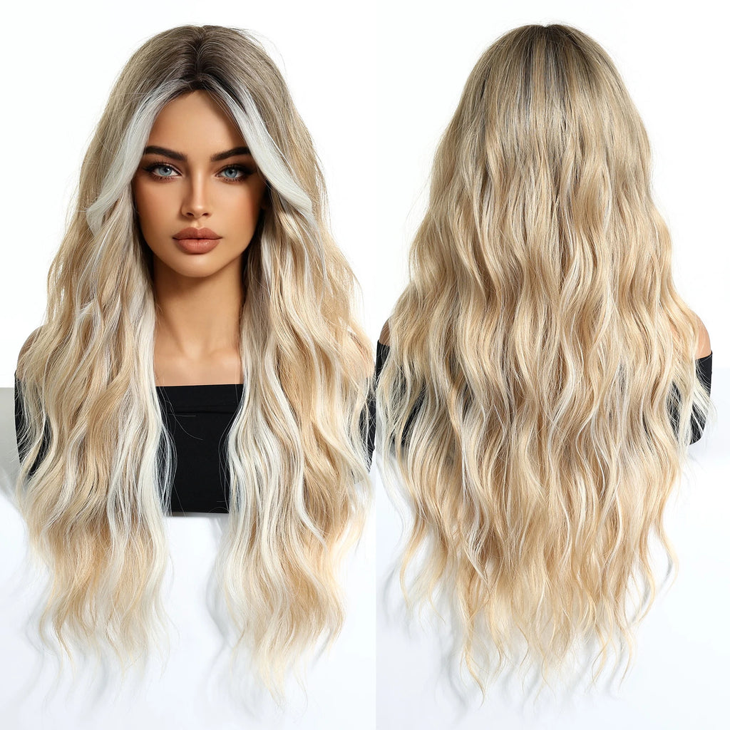 26inch Synthetic Fiber Wig Factory Natural Wavy Blonde with White Highlights Ombre Water Wave Wig with Elastic Cap Real Photo