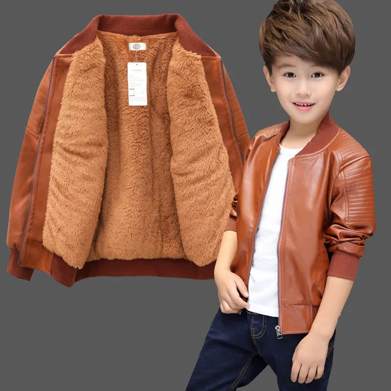 Boys Coats Autumn Winter Fashion Children's Plus Velvet / No Velvet Two Styles Warming Cotton PU Leather Jacket For 1-11Y Kids