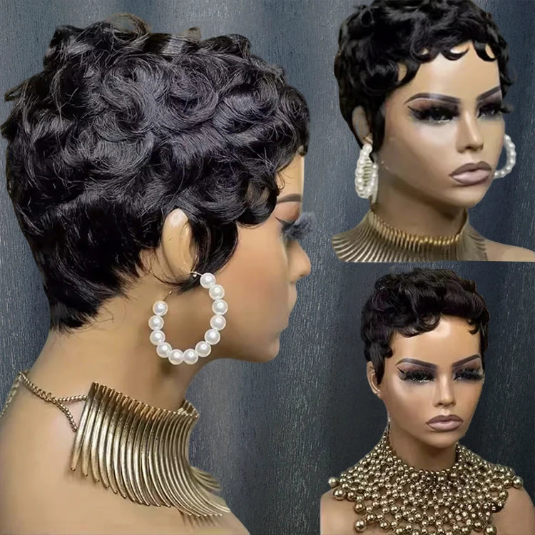 Pixie Cut Short Bob Wig for Black Women 100% Brazilian Human Hair  Made Wigs Glueless Natural Black Color Curly Human Hair