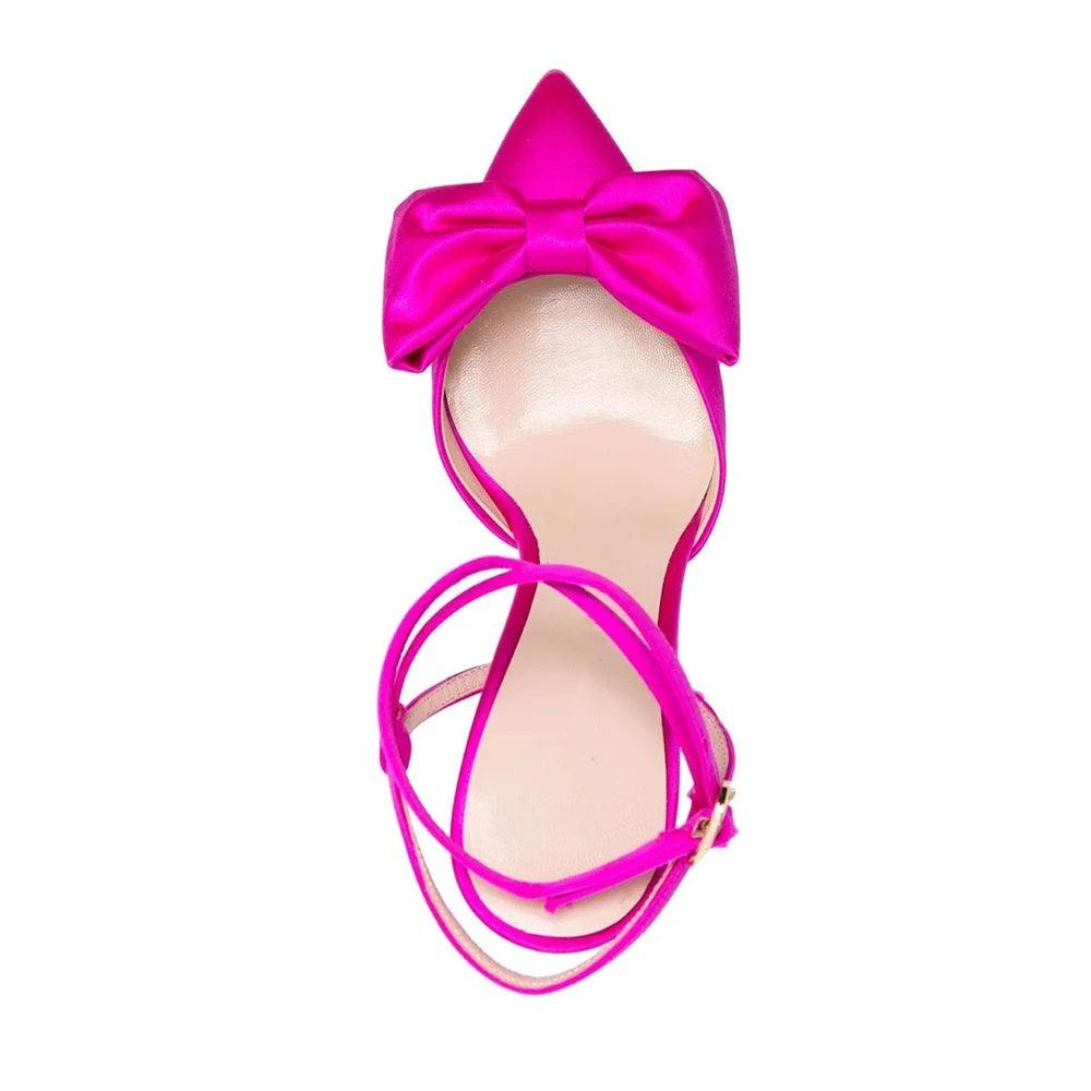 Elegant Hot Pink Satin High Heels Women's Pointed Toe Bow Shoes Stilettos Party Pumps for Female Strappy Heels