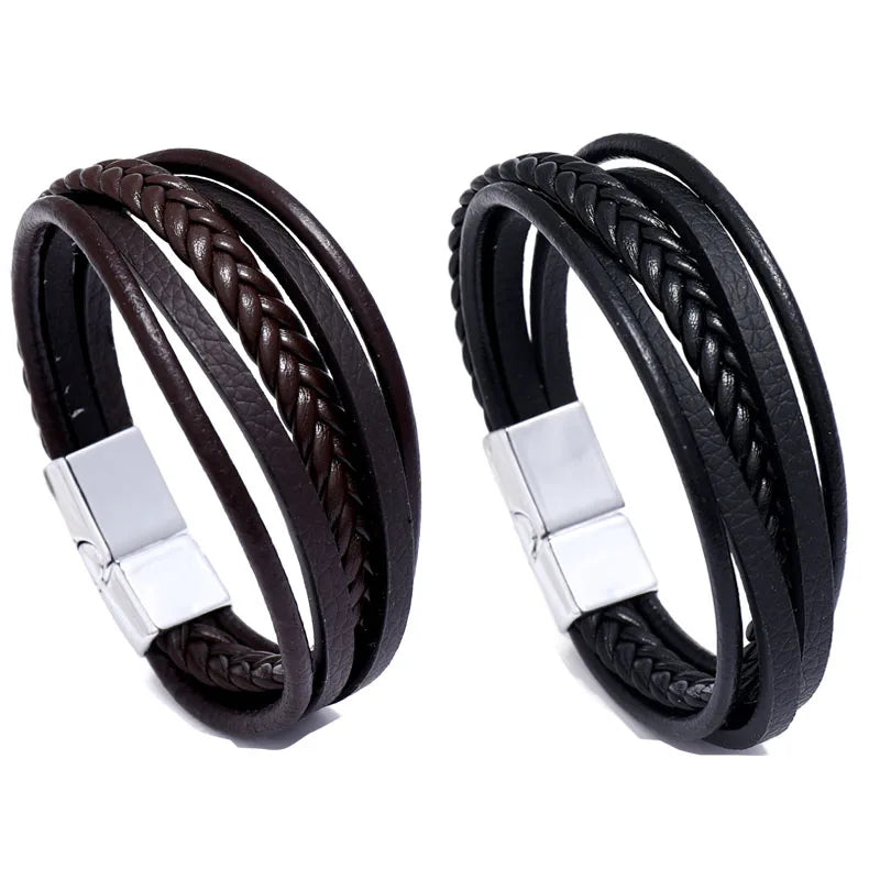 Genuine Leather Bracelet for Men Simple OL Style Man Bracelet Bangle Alloy Magnetic Clasp Wristband Hand Jewelry Bracelet Homme