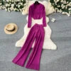 Fashion Sweater Set Women's Loose Casual Retro Lapel Short Long-sleeved Sweater Women's High-waisted Wide-leg Pants